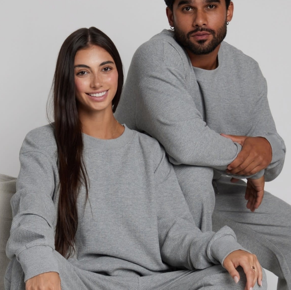 🤑PRICE FIRM🥰 NIP!❤️ COMFRT WAFFLE LOUNGE CREW LONG SLEEVE TOP Light Gray M - Picture 4 of 6